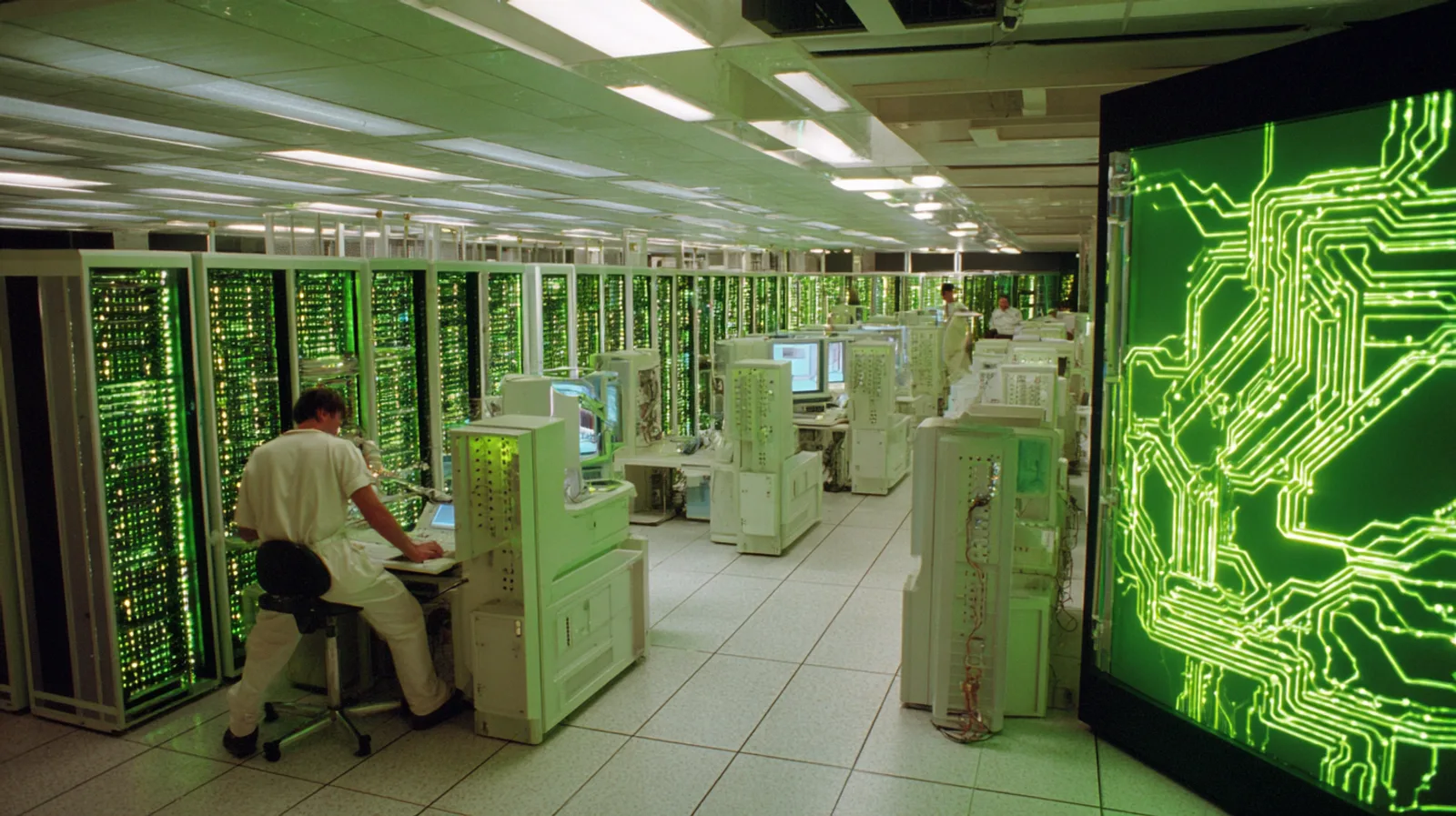 Una sala di calcolo pubblica con file di armadi server dalle luci verdi, un tecnico di spalle, su uno schermo un diagramma astratto di rete.