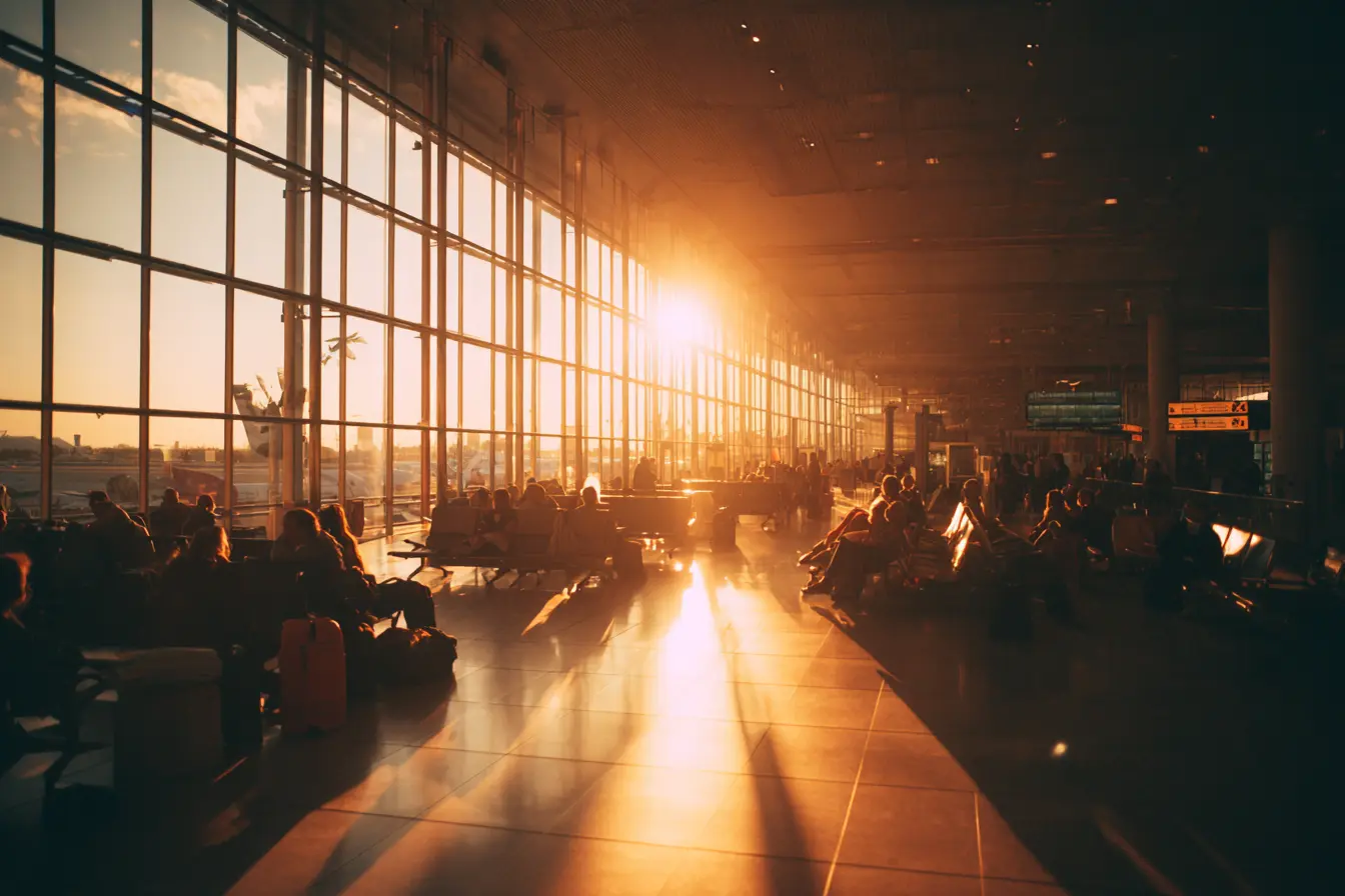 Un gate d'aeroporto luminoso al mattino, viaggiatori seduti con i bagagli, grandi vetrate e luce calda, atmosfera tranquilla.