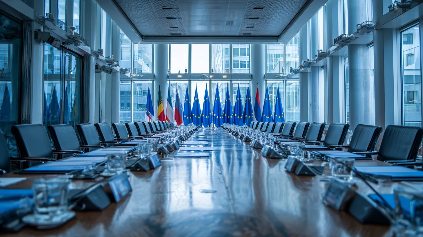 Una sala riunioni bilaterale con una fila di bandiere dell'Unione lungo una parete e una sola bandiera estera di fronte, tavolo lungo apparecchiato per il negoziato.