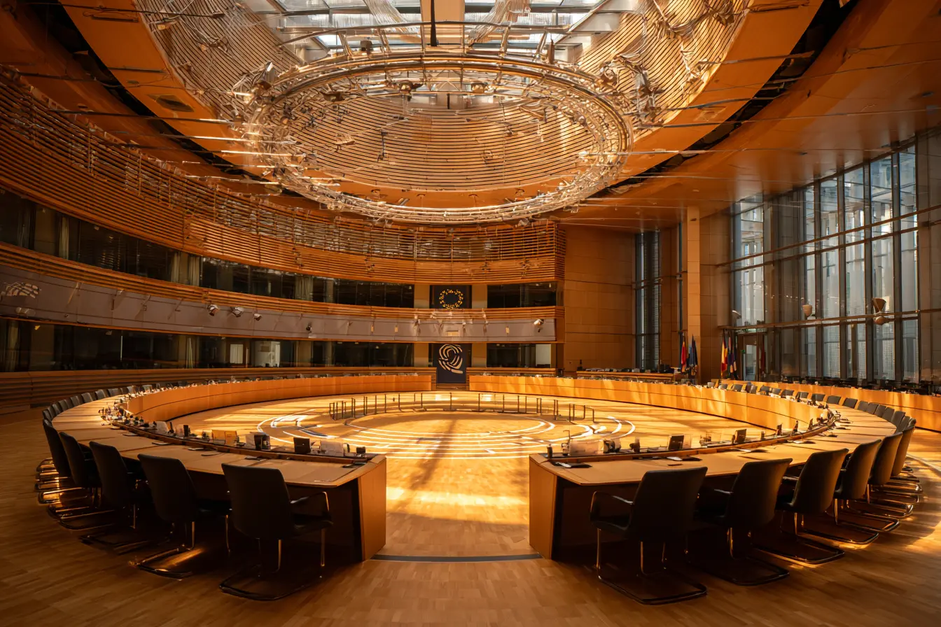 Un'aula del Consiglio dell'Unione deserta nella luce fredda del mattino, i banchi curvi delle delegazioni e l'emblema a cerchio di stelle.