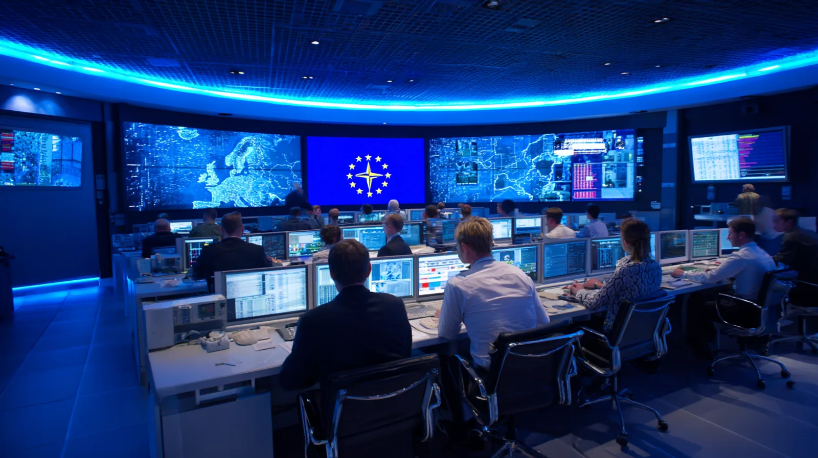 Una sala operativa con una grande mappa luminosa dell’Europa e il cerchio di stelle, alcuni operatori di spalle ai monitor, luce fredda.