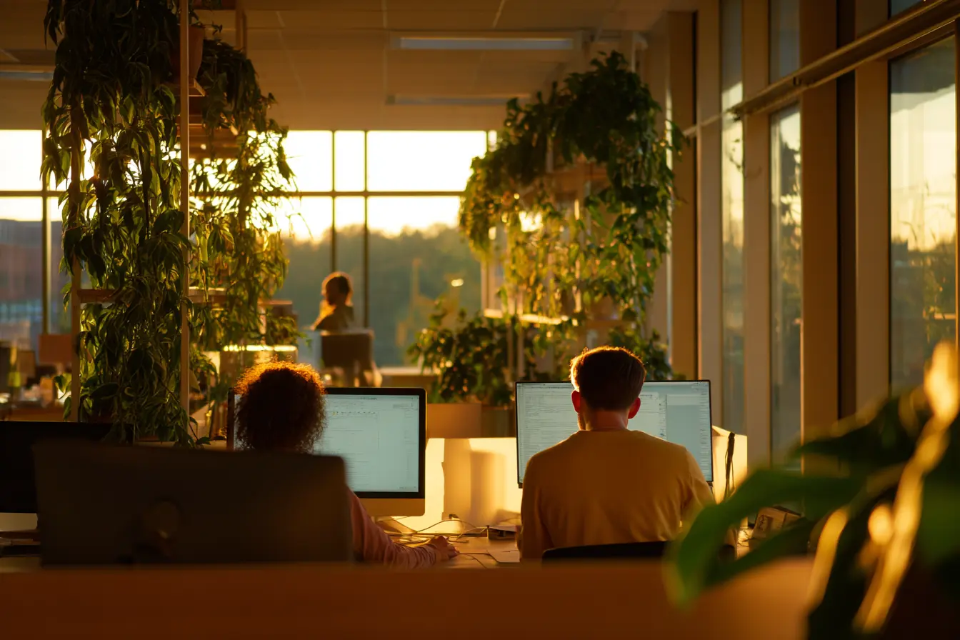 Un ufficio luminoso con due persone al lavoro davanti a schermi, luce calda dalla finestra, atmosfera ordinata e viva.