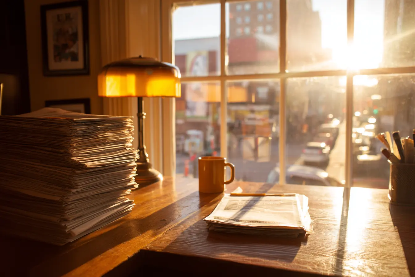 Una scrivania di redazione alla luce calda del mattino, bozze e una tazza, finestra aperta su una città viva.