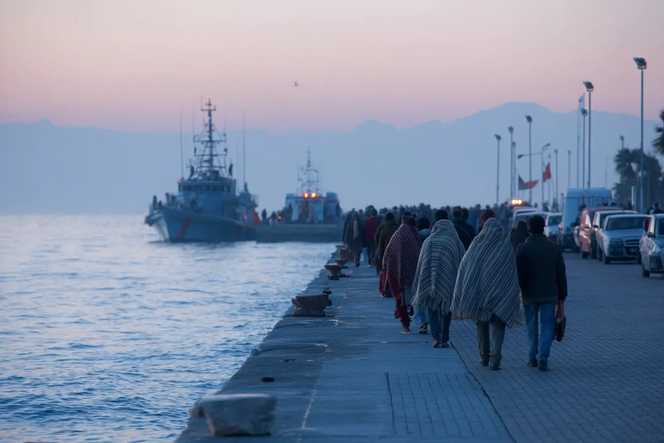 Il molo di un porto mediterraneo alle prime luci: una fila di persone con le coperte cammina lungo la banchina, viste da lontano, le motovedette ormeggiate e il mare aperto sullo sfondo.