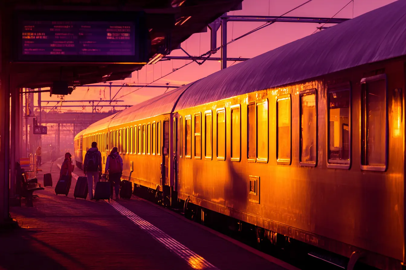 Un treno notturno fermo al binario di una stazione continentale prima della partenza, le finestre delle carrozze illuminate calde contro la sera blu.
