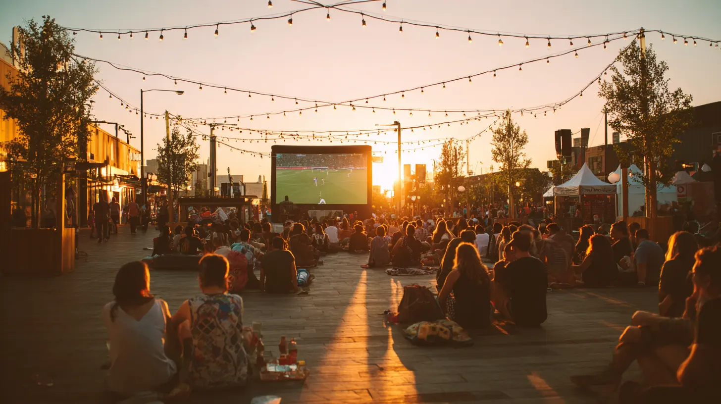 Una piazza al tramonto con un grande schermo e molta gente seduta a guardare una partita, luce calda, atmosfera festosa e tranquilla.