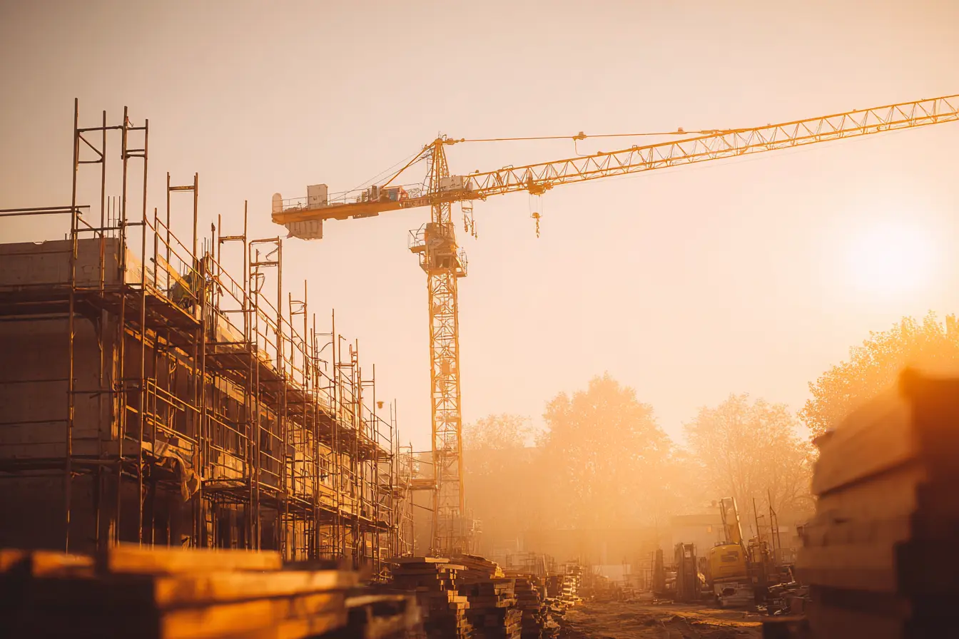 Un cantiere di ricostruzione alla luce dorata del mattino, gru e impalcature, operai al lavoro su un edificio, atmosfera operosa.