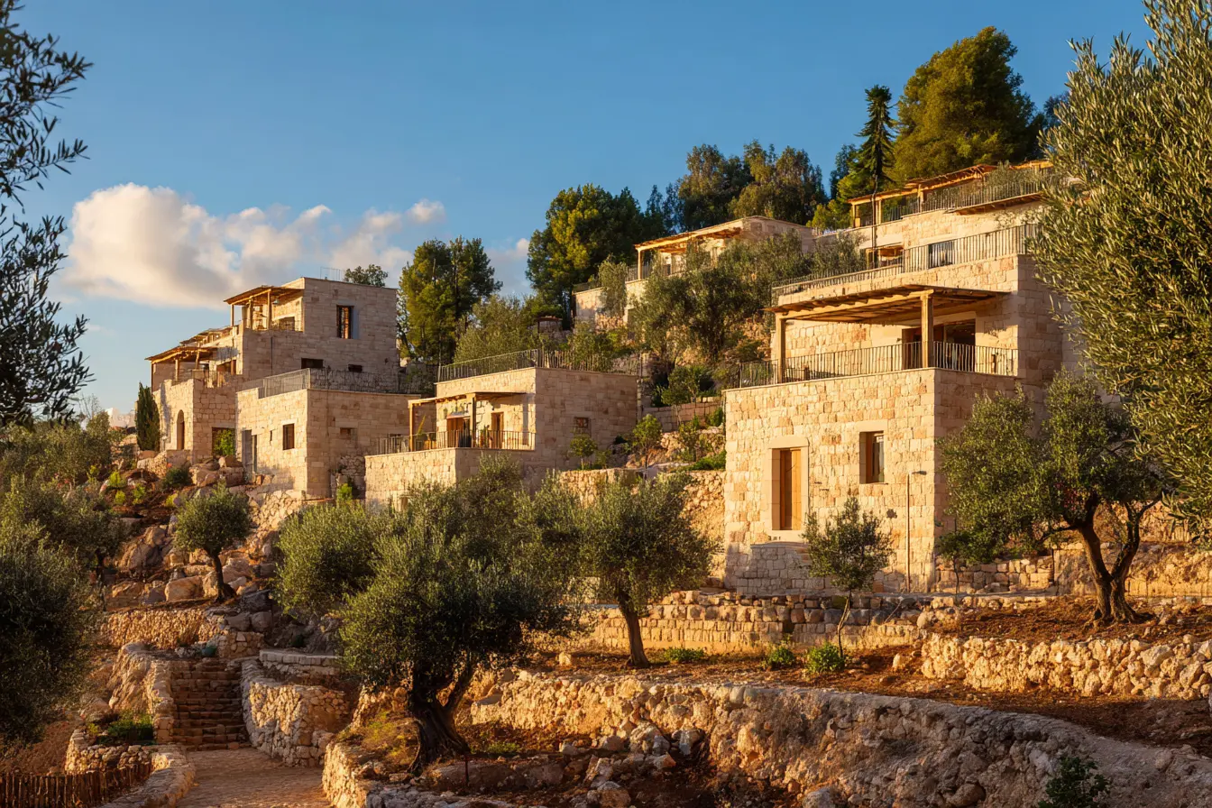 Una collina con le prime case nuove del villaggio ricollocato alla luce calda del pomeriggio, cantieri ordinati, ulivi intorno.