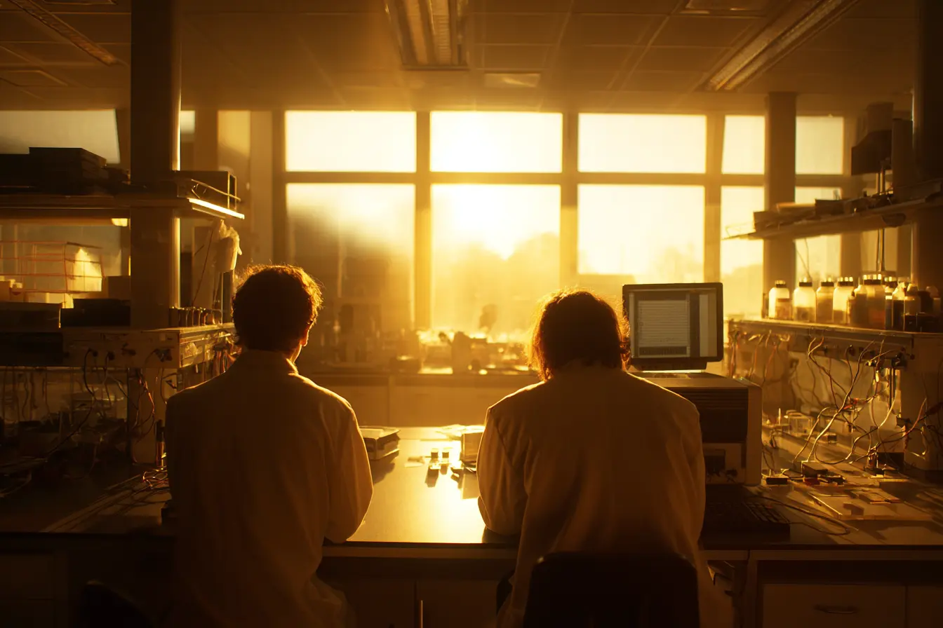 Dentro un laboratorio di ricerca pubblico, due scienziati di spalle al lavoro fra strumenti e schermi accesi, luce fredda dalle finestre alte.