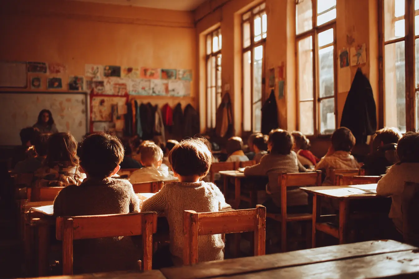 Un'aula di scuola pubblica vista da dietro durante una lezione, gli alunni ai banchi davanti a una lavagna, luce da una fila di finestre alte.