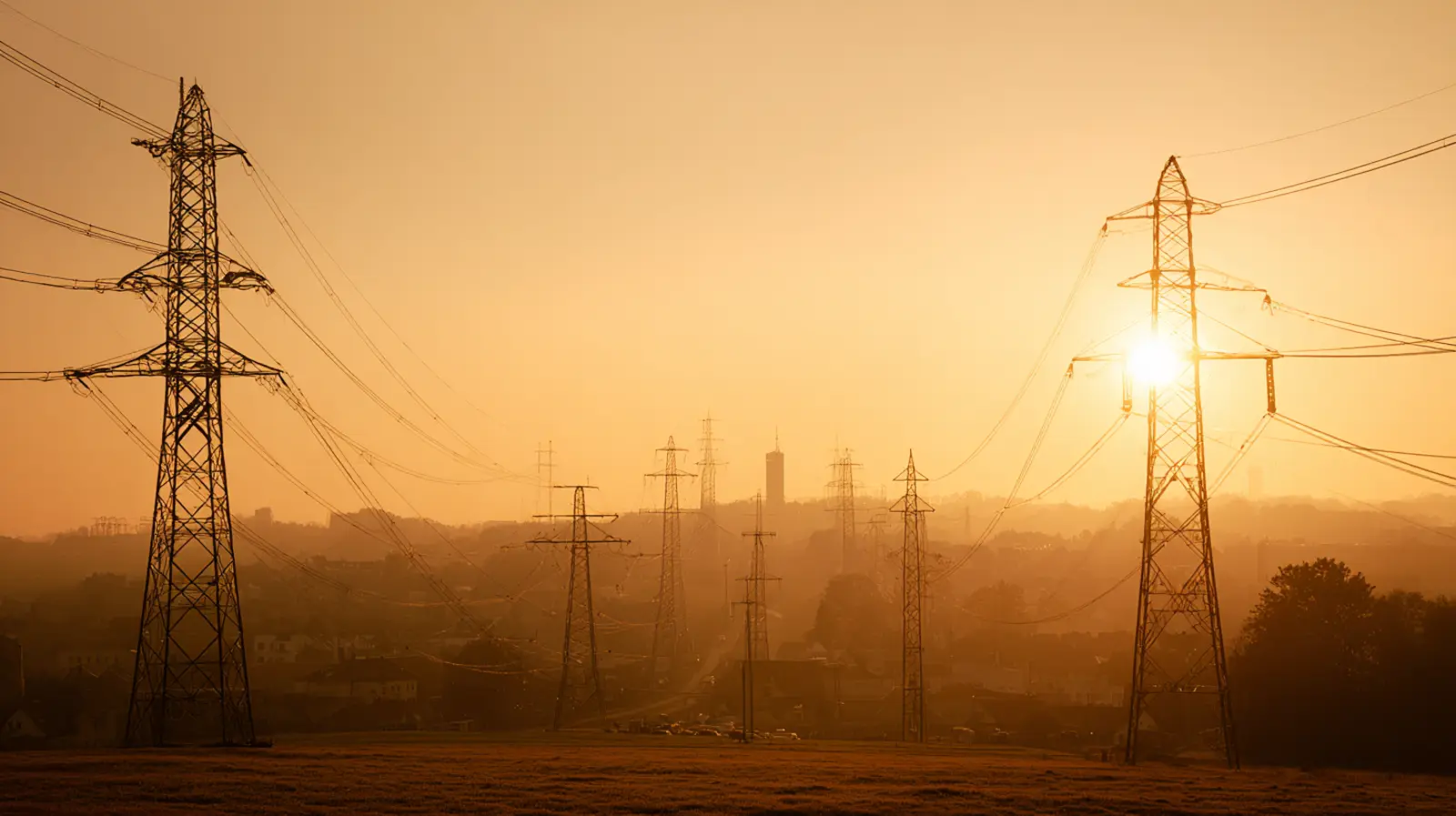 Tralicci dell’alta tensione in controluce all’alba sopra un paesaggio slesiano, il sole basso tra i cavi, la città nella foschia più in basso.